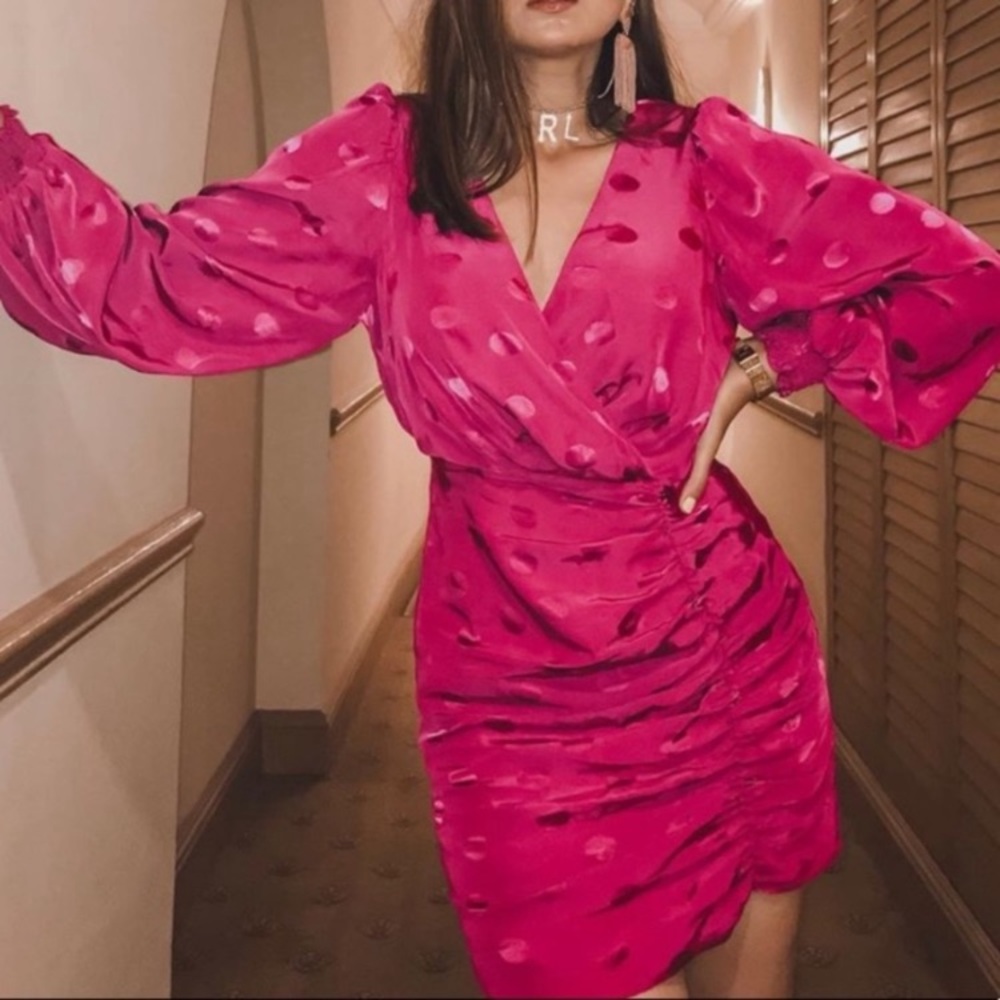 Zara Fuchsia Polka Dot Ruched Mini Dress Long Sleeve